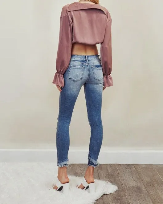 Mid Rise Hem Detail Ankle Skinny Jeans