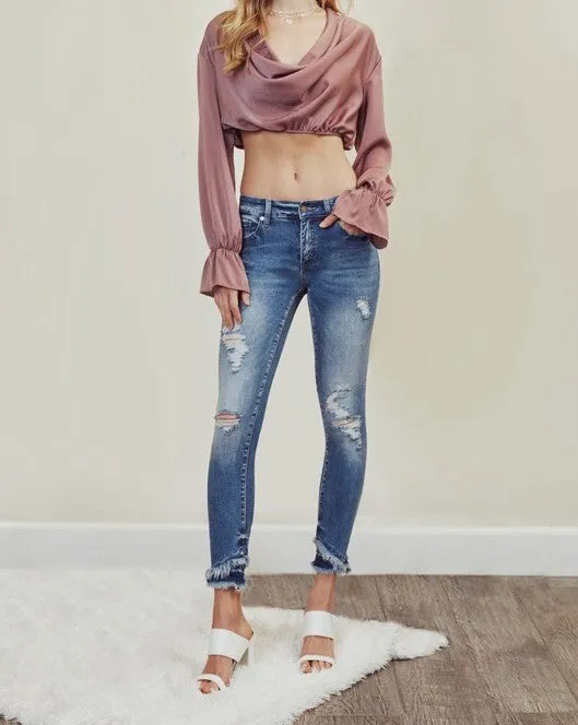 Mid Rise Hem Detail Ankle Skinny Jeans