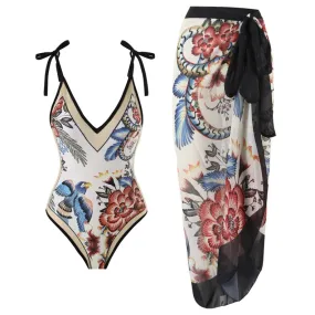 Oriental Print Plunge One Piece Swimsuit Sarong Black