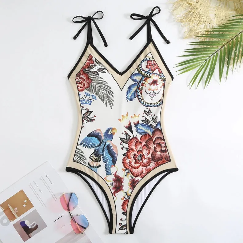 Oriental Print Plunge One Piece Swimsuit Sarong Black