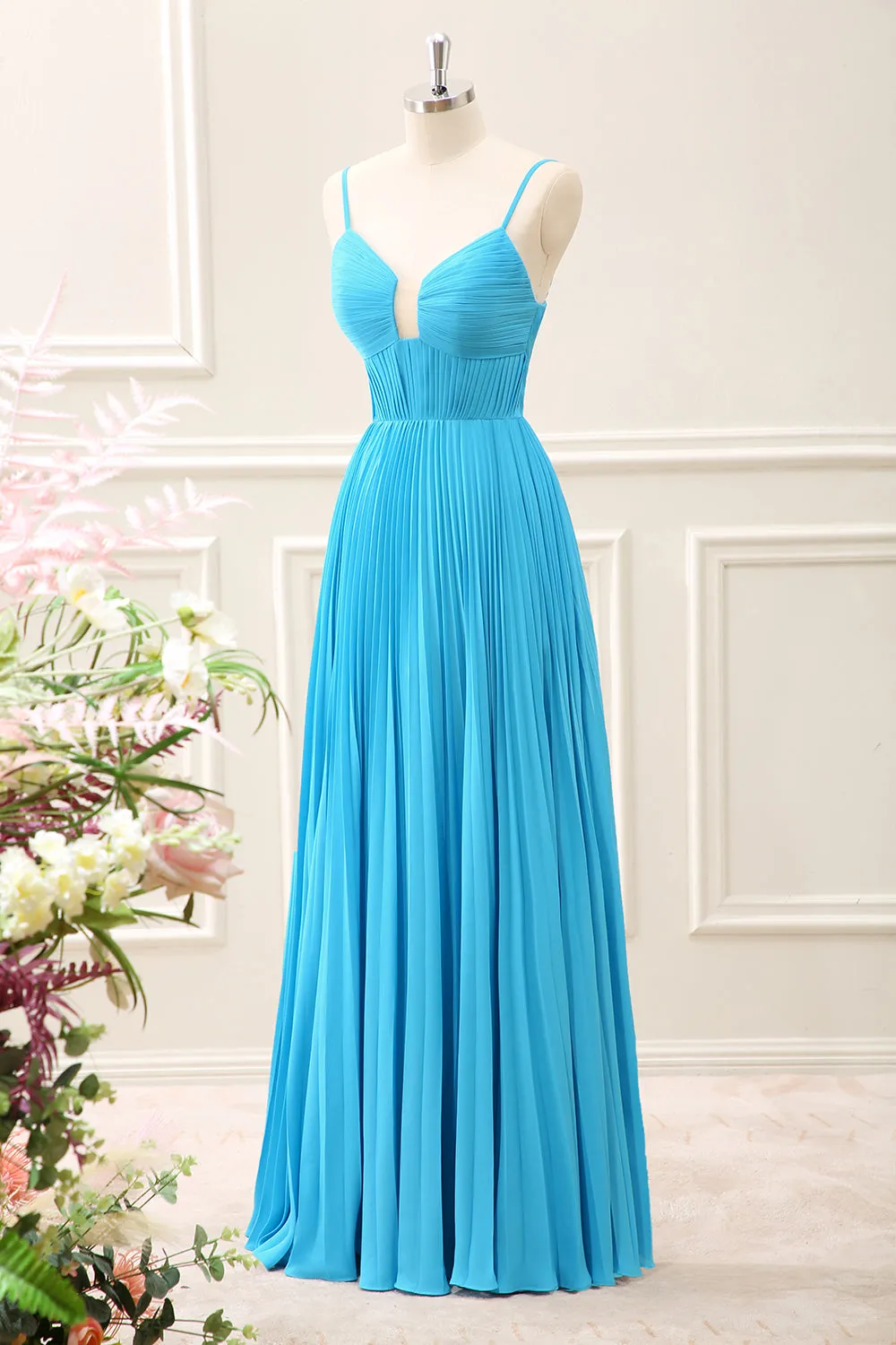 Peacock Blue Pleated A Line Maxi Dress