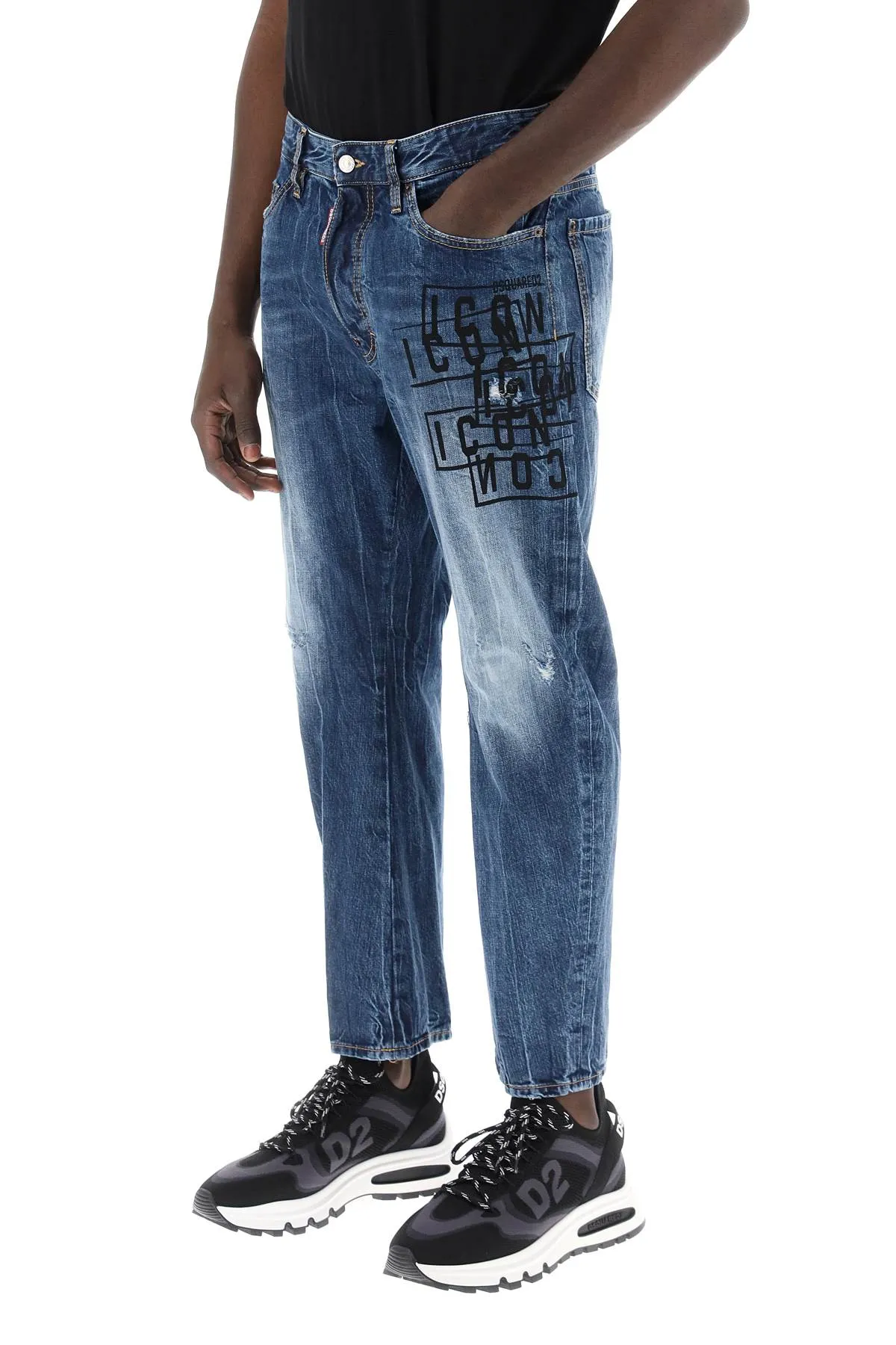 "dark wash icon stamps bro jeans in