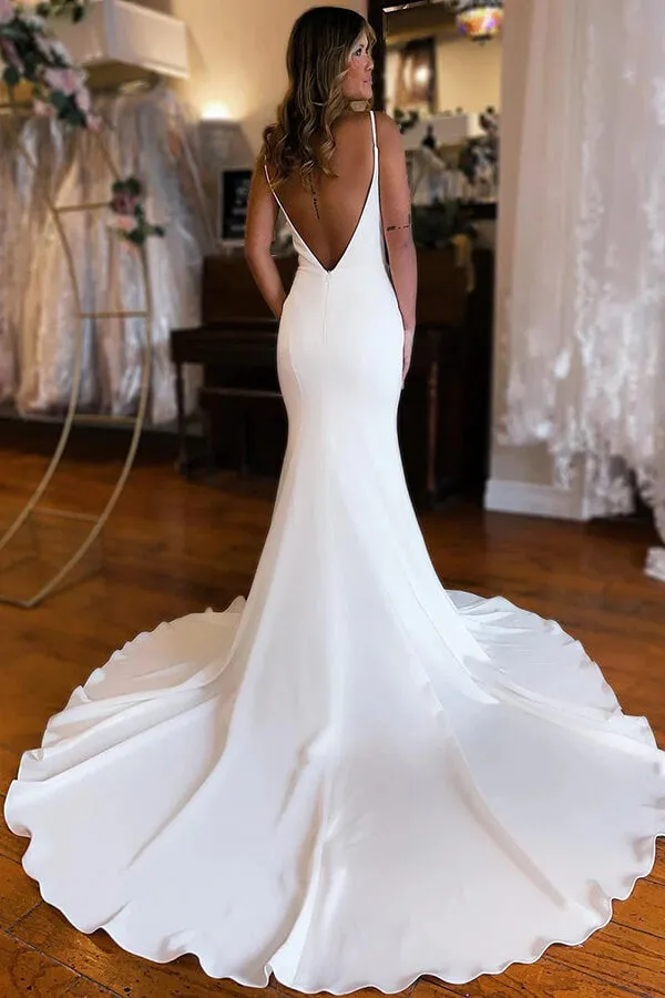 Simple Satin Mermaid Deep V-neck Backless Boho Wedding Dresses, SW676