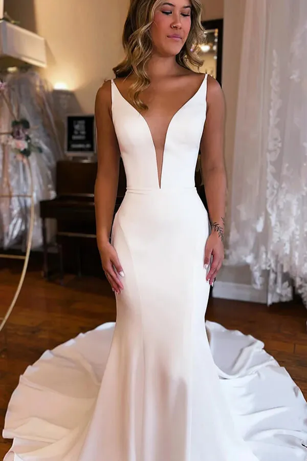 Simple Satin Mermaid Deep V-neck Backless Boho Wedding Dresses, SW676