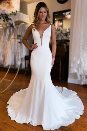 Simple Satin Mermaid Deep V-neck Backless Boho Wedding Dresses, SW676