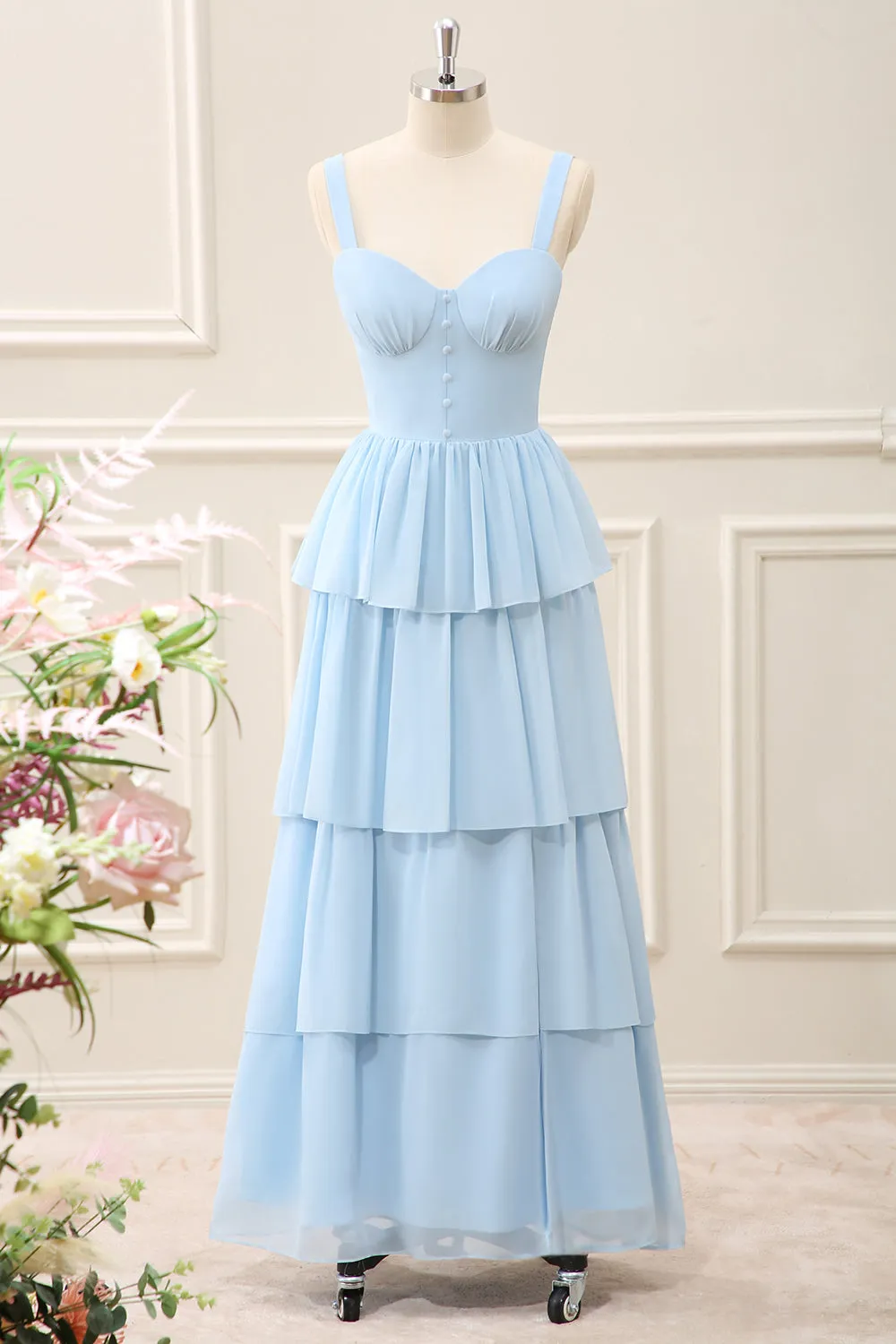 Sky Blue Ruffled Chiffon A Line Tiered Maxi Dress