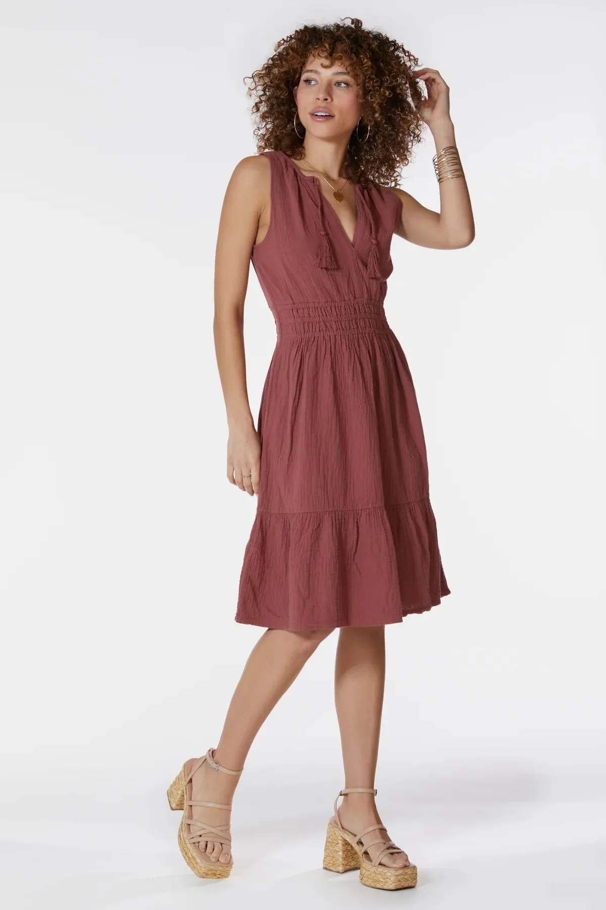 Split Neck Tassle Midi Dress