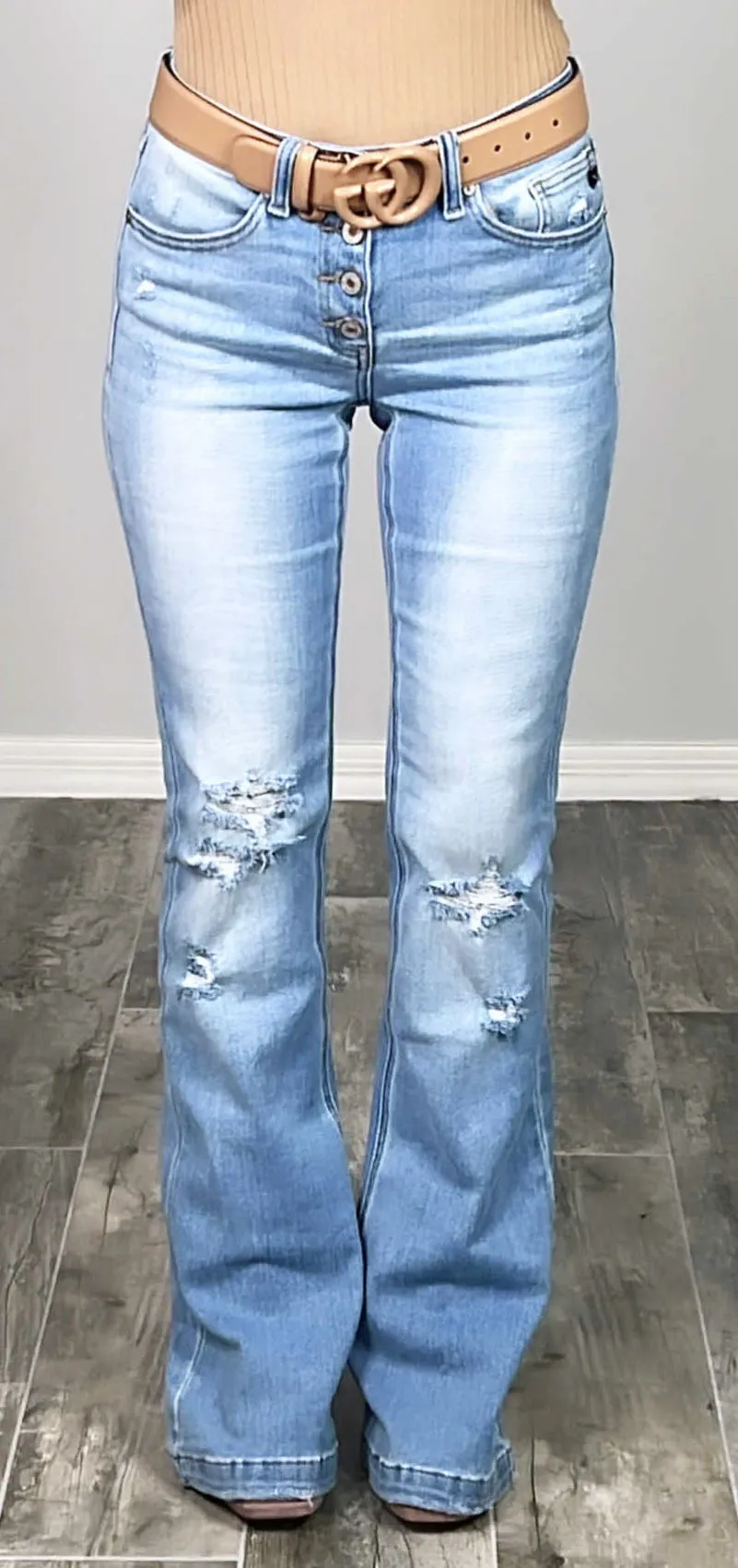 Talia Distressed Button Front Flare Jeans