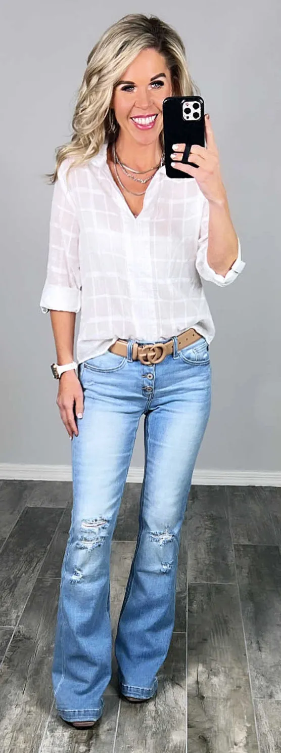 Talia Distressed Button Front Flare Jeans