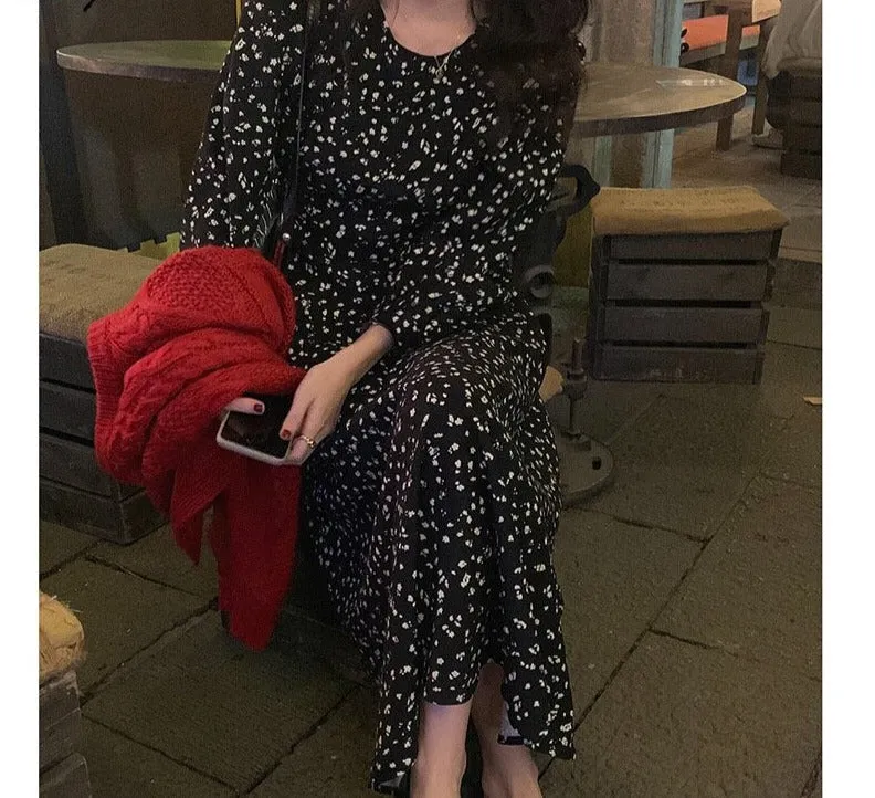 Wjczt Cute Puff Sleeve Floral Chiffon Long Dresses Women Spring Loose Elegant O Neck Dress Female Korean Beach Dress