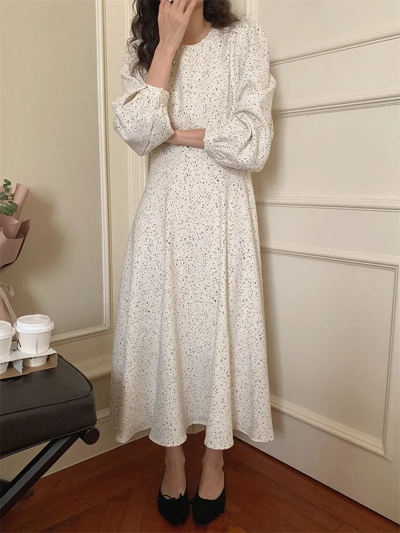 Wjczt Cute Puff Sleeve Floral Chiffon Long Dresses Women Spring Loose Elegant O Neck Dress Female Korean Beach Dress