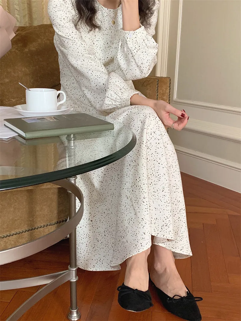 Wjczt Cute Puff Sleeve Floral Chiffon Long Dresses Women Spring Loose Elegant O Neck Dress Female Korean Beach Dress